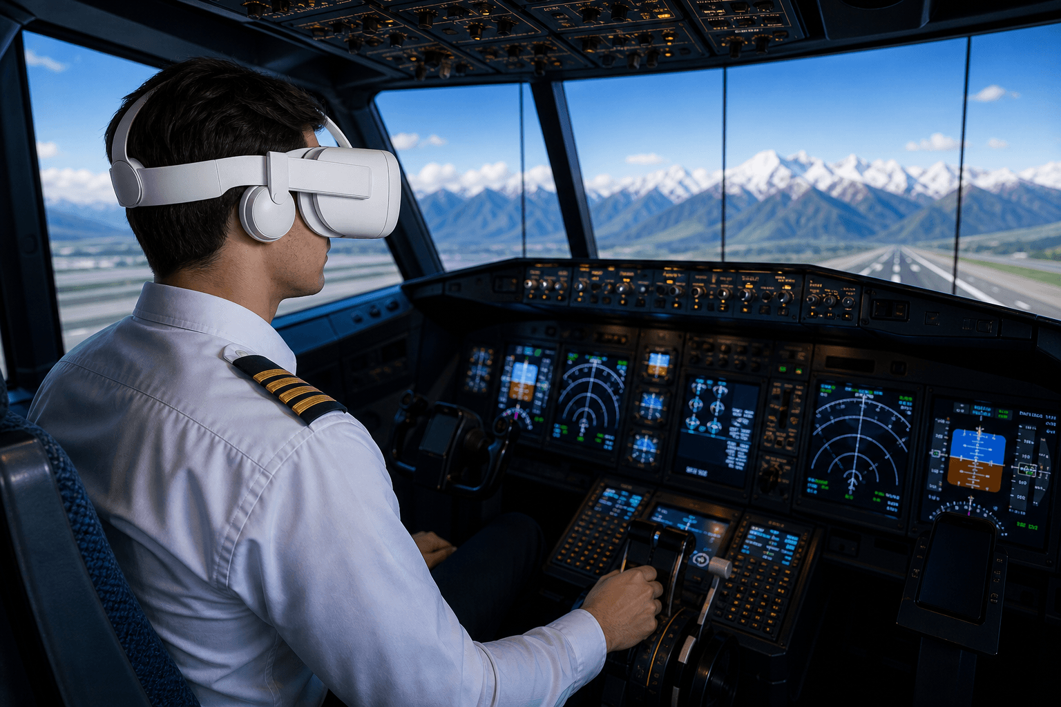 Piloto entrenando con casco de realidad virtual en cabina