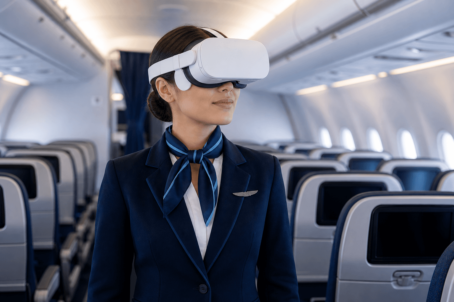 Sobrecargo entrenando con casco de realidad virtual en cabina de avión