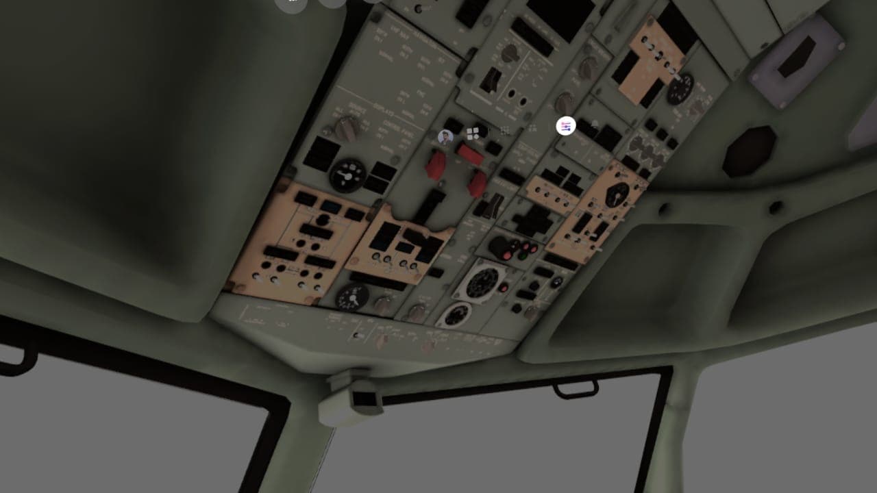 Panel superior del Boeing 737 en VR con el instructor y el alumno en la misma cabina