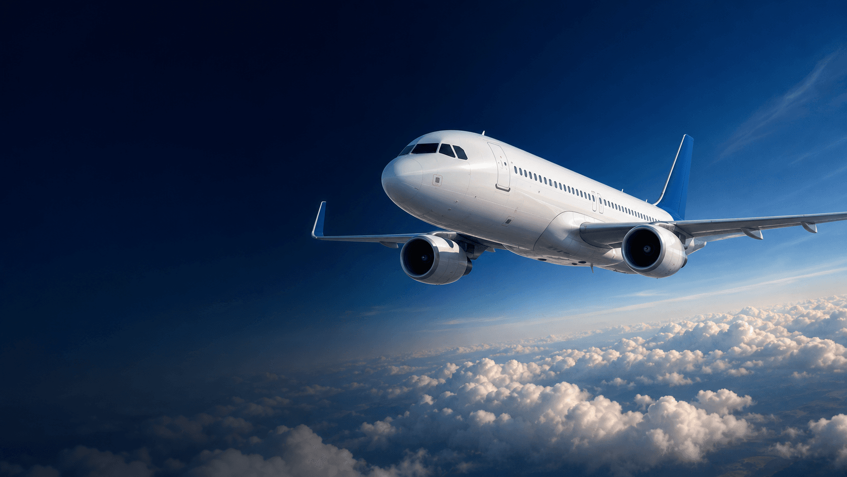 Avión comercial realista volando sobre nubes al amanecer
