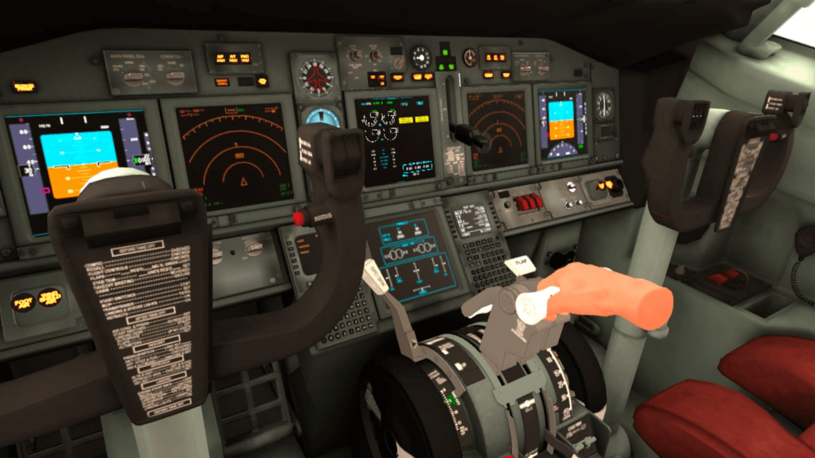 Vista de cabina de un 737 en simulador inmersivo de realidad virtual